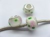 100 White Round Glass European Beads with Rose Printed