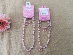 (image for) 12Set White and Pink Beaded Necklace Bracelet Set For Girls
