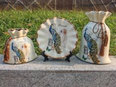 (image for) 1Set x 3Pcs Ceramic Peacock Vase and Decorative Plate Home Decor Ornament