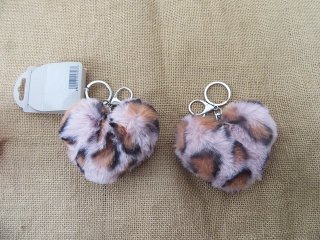 6Pcs Faux Animal Print Fur Heart Design Keychains Key Rings