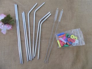 4Sets x 8Pcs Premium Stainless Steel Silver Straw & Brush Set