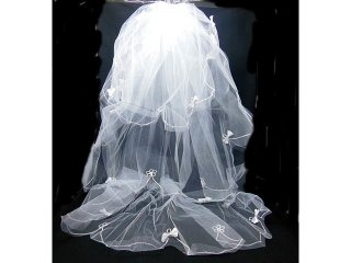 1X New White Wedding Bridal Veil - Bowknot & Flower Edge
