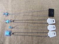 12Pcs Metal Chain Necklace with Blue Gemstone Pendant