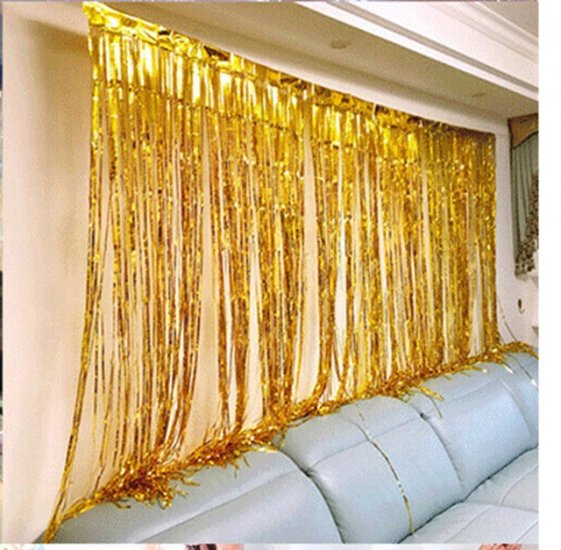 5Pcs Gold Metallic Tinsel Curtain Foil Backdrop Streamer Party - Click Image to Close