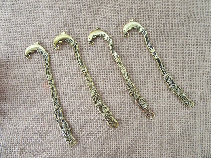 10Pcs Golden Color Dolphin Carved Hook Metal Bookmarks - Click Image to Close