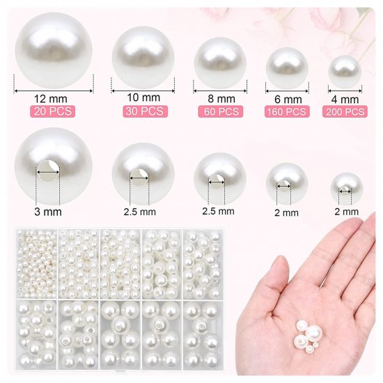 470Pcs White Round Simulate Pearl Loose Beads DIY 4/6/8/10/12mm - Click Image to Close