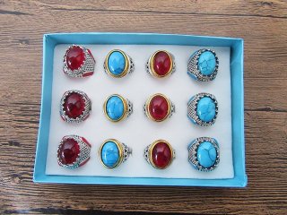 12Pcs Tribal Design Metal Rings with Gemstone Assorted
