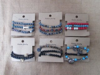 6Sheets x 3Pcs Round Beads Stone Elastic Bracelet Fashion Jewell