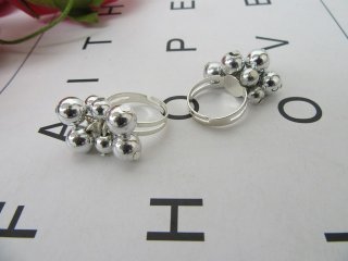 100Pcs Silver Ball Flower Adjustable Ring with Ball Beads Top