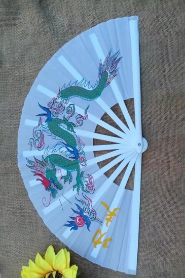 1X Chinese Dragon Martial Kung Fu Tai Chi Dance Fan White - Click Image to Close