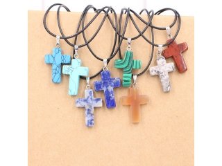 7Pcs Charming Cross Gemstone Pendants With Necklace