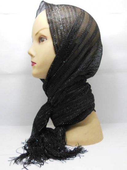 10 New Black & Sliver String Cord Lady Scarves - Click Image to Close