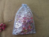 100Pcs White Rose Printed Drawstring Jewelry Gift Pouches 21x14.