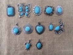 (image for) 12Pcs Alloy Metal Pendant with Turquoise Gemstone Assorted