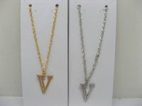 12 Silver&Golden Chain Necklace with Rhinestone Letter "V" Dangl