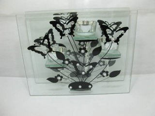 1X Glass Tea Light Holder Triple Holder Butterfly Pattern