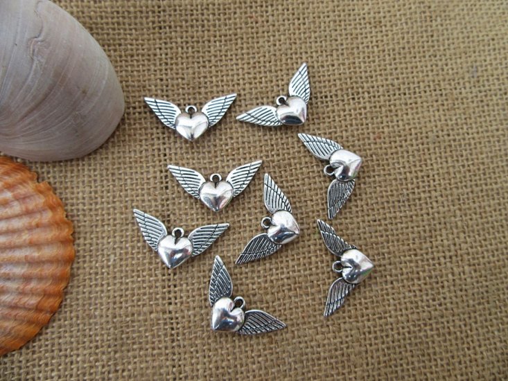 100Pcs New Winged Heart Beads Charms Pendants Jewellery Findings - Click Image to Close