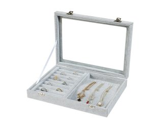 1Pc Grey 2in1 Ring Necklace Display Plate Jewellery Case w/Lid