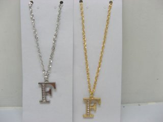 12 Silver&Golden Chain Necklace with Rhinestone Letter "F" Dangl