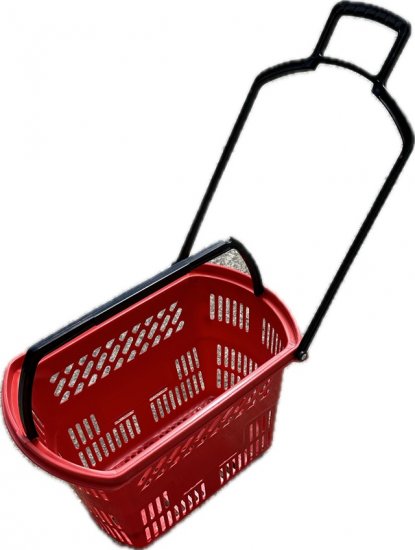 1X Plastic Red Rolling Shopping Baskets with 2 wheels - Click Image to Close