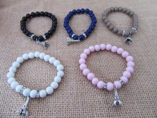 12Pcs Elastic Gemstone Beaded Bracelets w/Eiffel Tower Charm