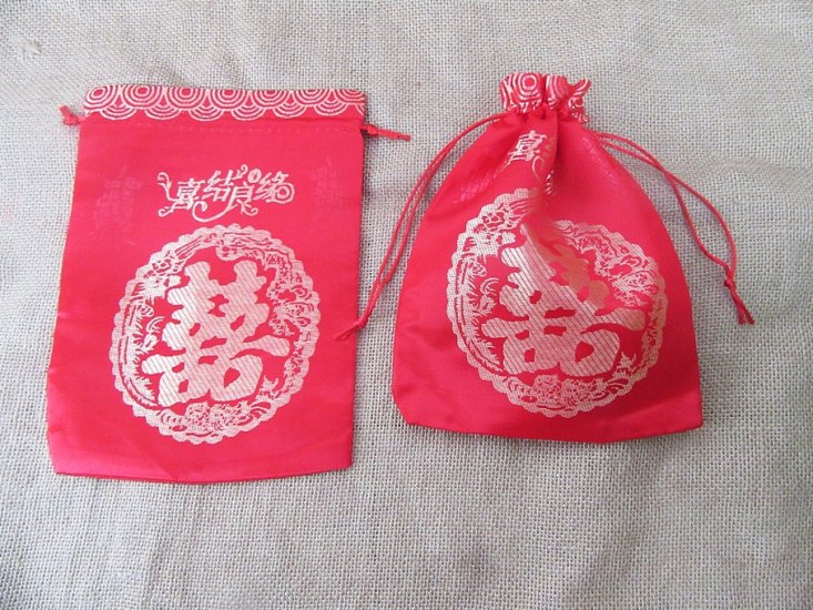 50Pcs Red Double Happiness Candy Bag Jewellery Pouch Drawstring - Click Image to Close