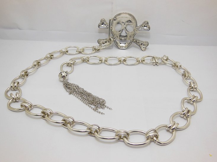 1Pc Crossbone Skull Silvery Chain Waist Belt w/Tassel - Click Image to Close