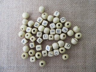 100Pcs Mixed Wooden Plain Round and Cube Alphabet Square Beads