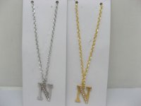 12 Silver&Golden Chain Necklace with Rhinestone Letter "N" Dangl