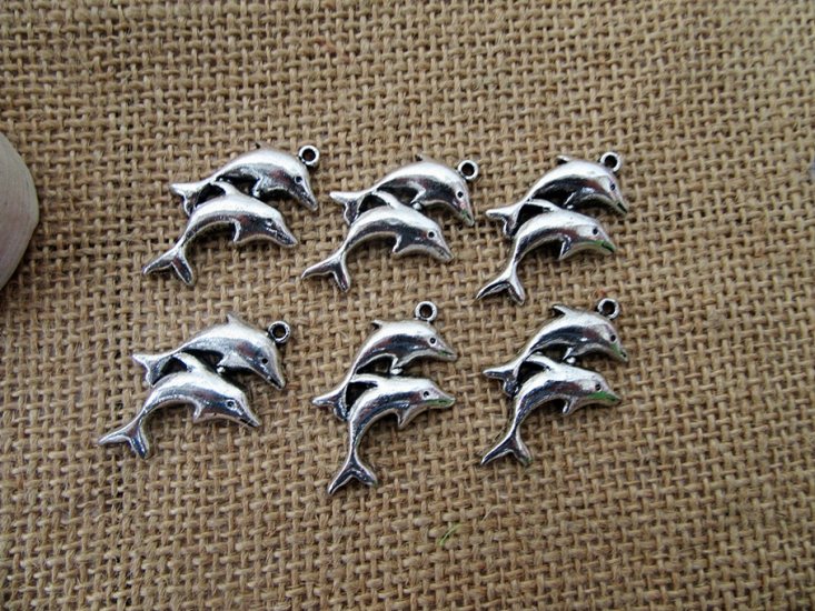 50Pcs New Double Dolphin Beads Charms Pendants Jewellery Finding - Click Image to Close
