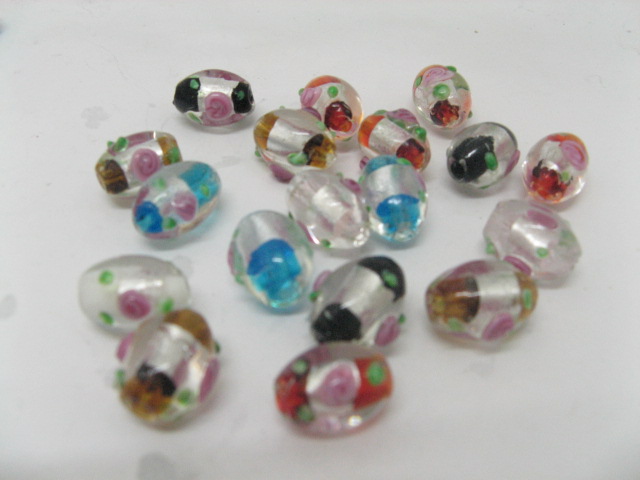 100 Colourful Elliptic Flower Silver Foil Glass Beads - Click Image to Close