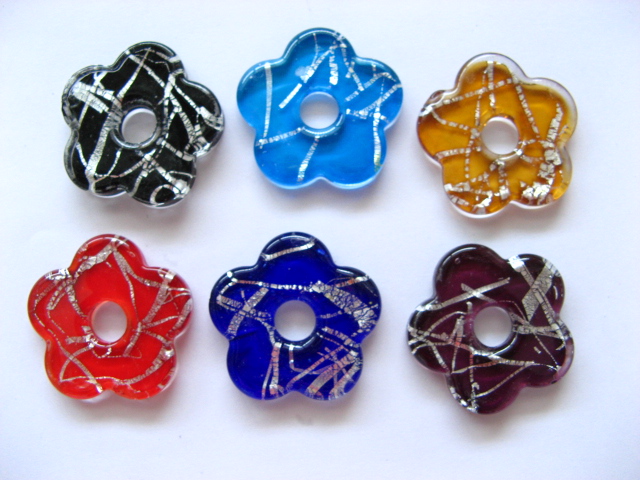 12 Silver Foil Glass Flower Pendants Mixed Colour - Click Image to Close