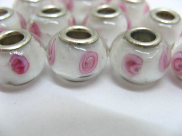 100 White Murano Flower Round Glass European Beads - Click Image to Close