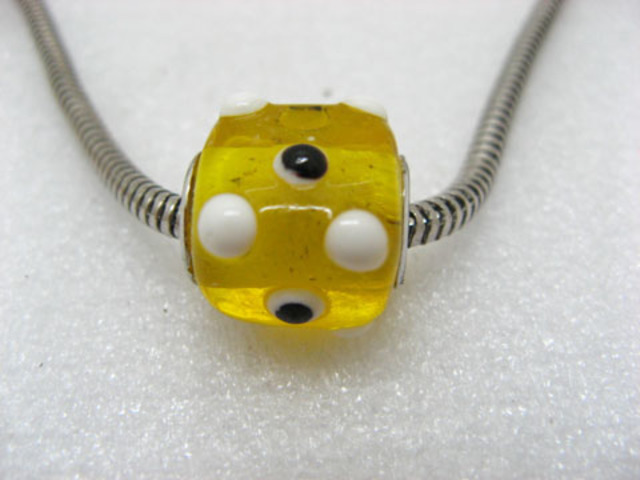 50 Yellow Murano Cubic Glass European Beads With White Dots