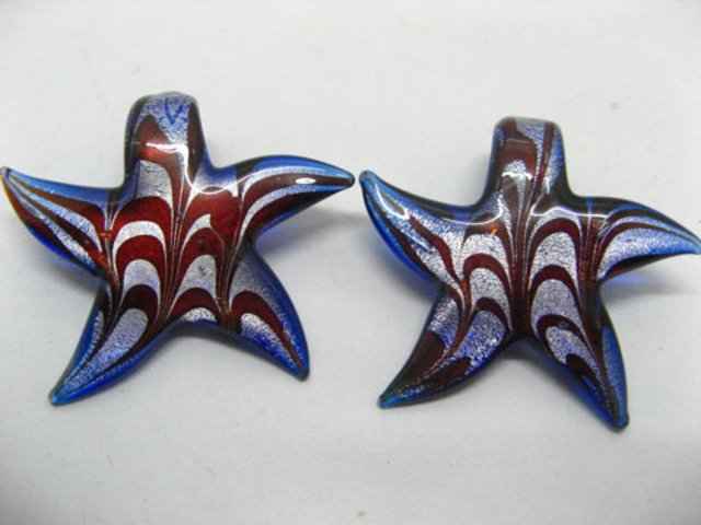 10 Blue Silver Foil Glass Sea star pendants
