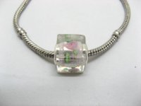 50 Light Pink Silver Flower Cube Glass European Beads