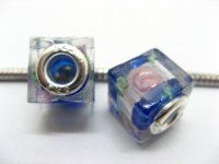 50 Blue Silver Flower Cube Glass European Beads 50 Blue Silver Flower Cube Glass European Beads