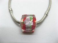50 Red Silver Flower Cube Glass European Beads