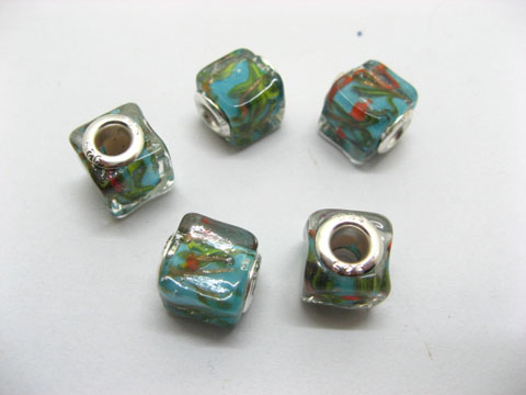 50 Skyblue Silver Cube Glass European Beads - Click Image to Close