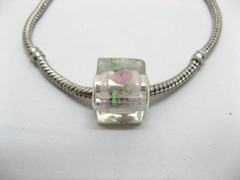50 Light Pink Silver Flower Cube Glass European Beads - Click Image to Close
