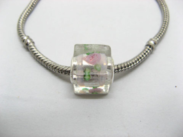 50 Light Pink Silver Flower Cube Glass European Beads