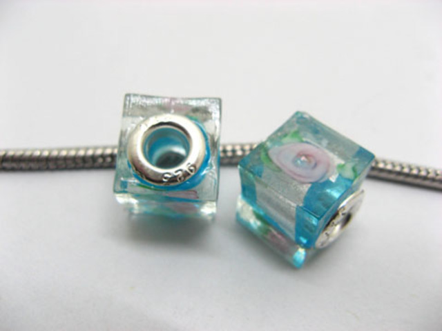 50 Skyblue Silver Flower Cube Glass European Beads 50 Skyblue Silver Flower Cube Glass European Beads