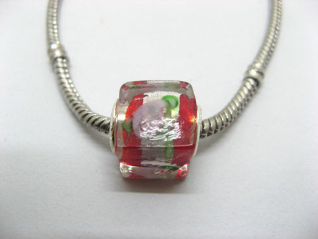 50 Red Silver Flower Cube Glass European Beads