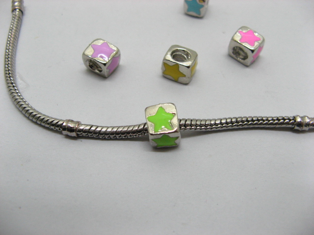 20 Metal Cube Enamel Star Thread European Beads - Click Image to Close