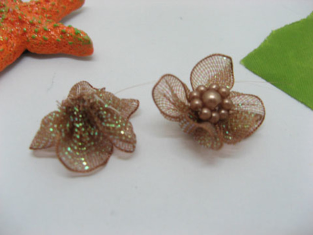 200 Light Coffee Hand Craft Organza Beaded Flowers Embellishment