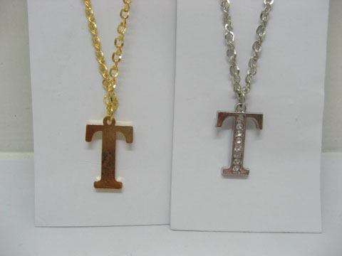 12 Silver&Golden Chain Necklace with Rhinestone Letter "T" Dangl - Click Image to Close