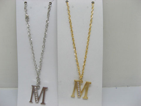 12 Silver&Golden Chain Necklace with Rhinestone Letter "M" Dangl - Click Image to Close