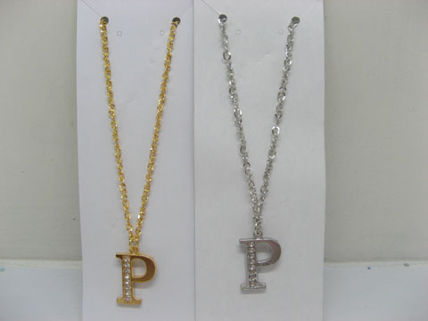 12 Silver&Golden Chain Necklace with Rhinestone Letter "P" Dangl - Click Image to Close