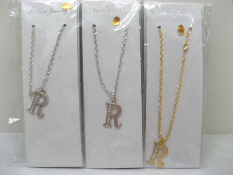 12 Silver&Golden Chain Necklace with Rhinestone Letter "R" Dangl - Click Image to Close