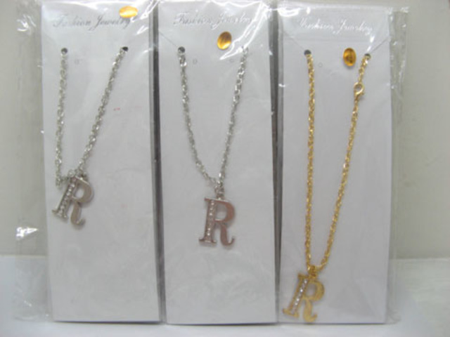 12 Silver&Golden Chain Necklace with Rhinestone Letter "R" Dangl - Click Image to Close